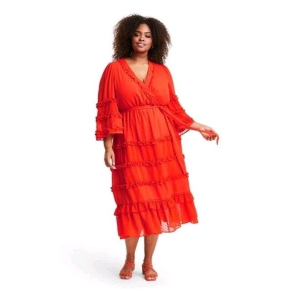 ALEXIS x Target Dark Orange Angel Sleeve Tiered Ruffle Dress Size 3X Clip Dot
